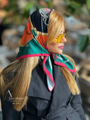 خرید روسری قواره کوچک تویل بهاره سبز نارنجی - سایت شال و روسری آذرشال