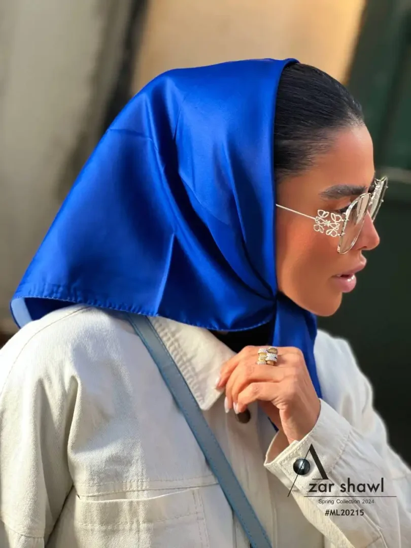 خرید روسری قواره کوچک تویل بهاره ساده آبی کاربنی - خرید آذرشال azarshawl