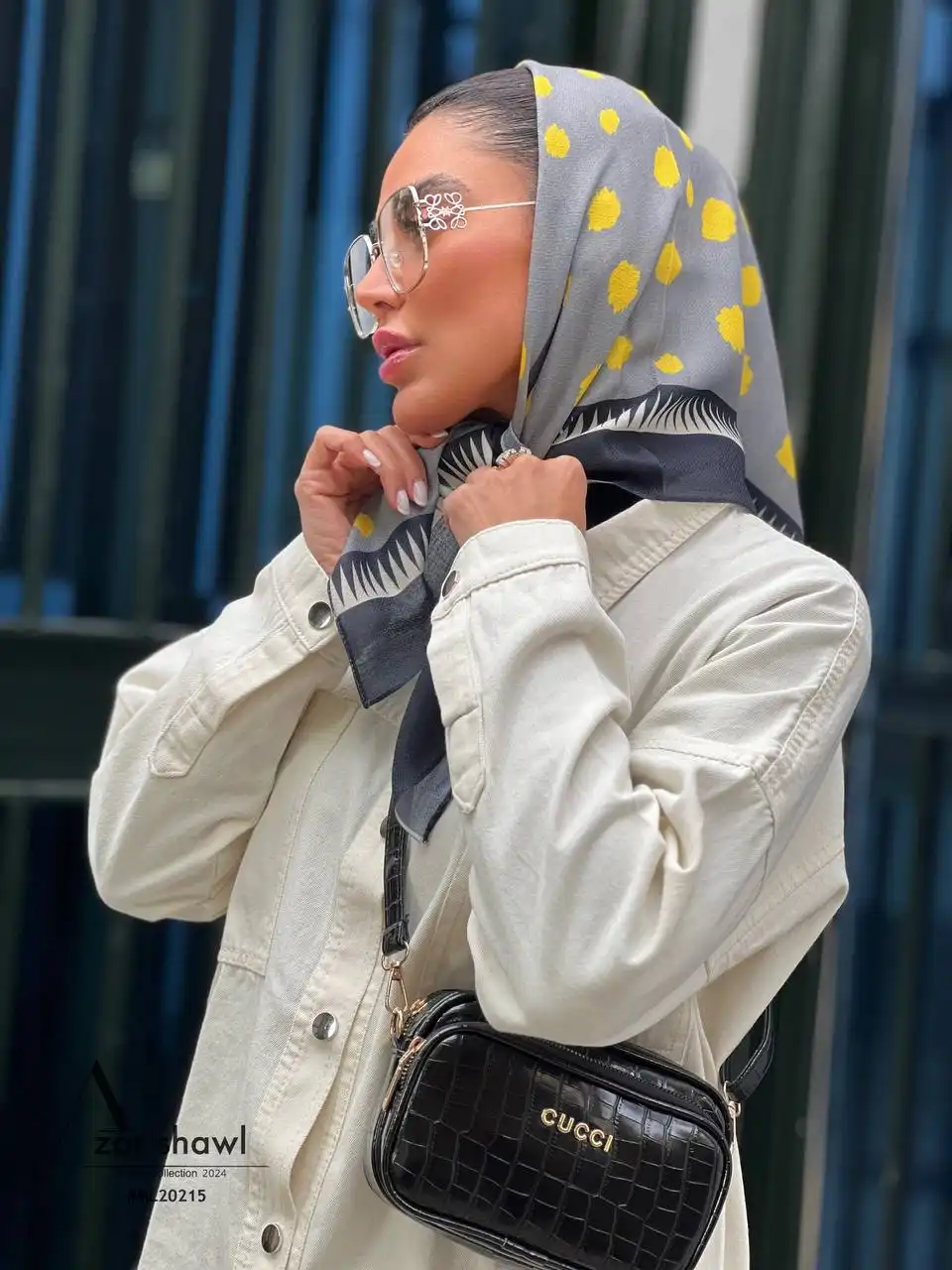 خرید روسری قواره کوچک نخی طوسی زرد خال خال - خرید آذرشال azarshawl