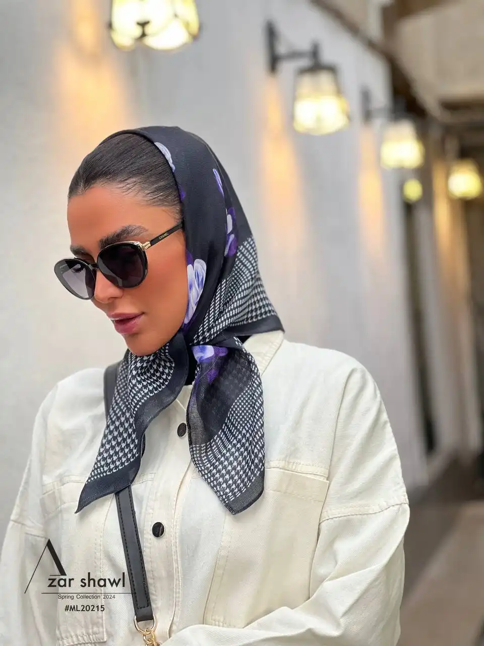 خرید روسری قواره کوچک نخی بهاره مشکی بنفش - آذرشال azarshawl