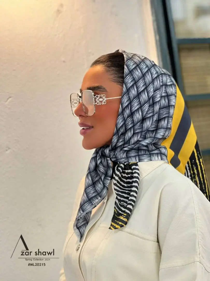 خرید روسری قواره کوچک نخی طوسی زرد راه راه - خرید آذرشال azarshawl