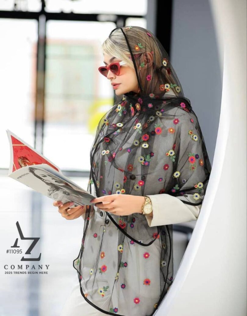 شال مشکی توری گل ابریشم رنگی بابونه مناسب تابستان