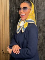 خرید روسری قواره کوچک تویل بهاره زرد سرمه ای - سایت شال و روسری آذرشال