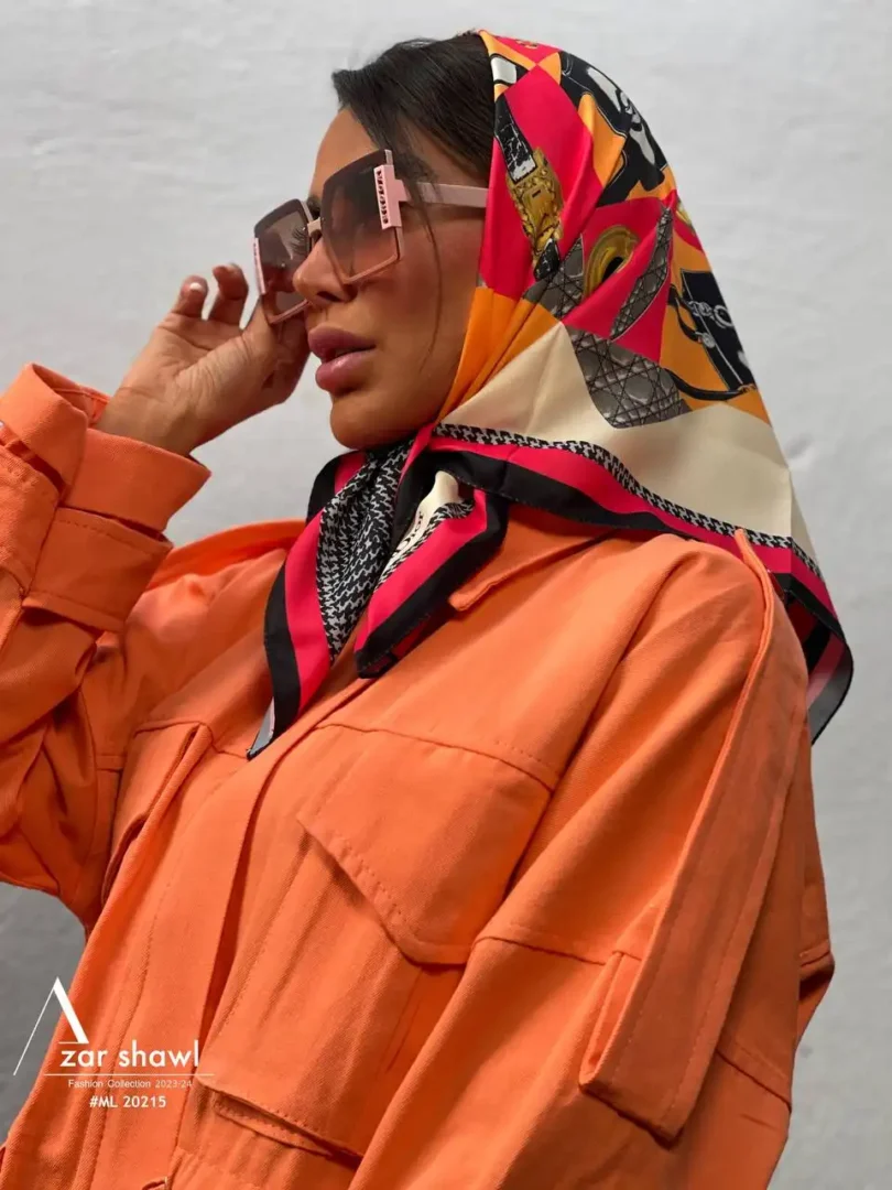 خرید روسری قواره کوچک تویل بهاره نارنجی قرمز - خرید آذرشال azarshawl