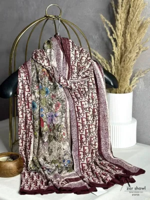 خرید شال حریر دولایه دیور Dior جنگلی کرم زرشکی - خرید از آذرشال azarshawl