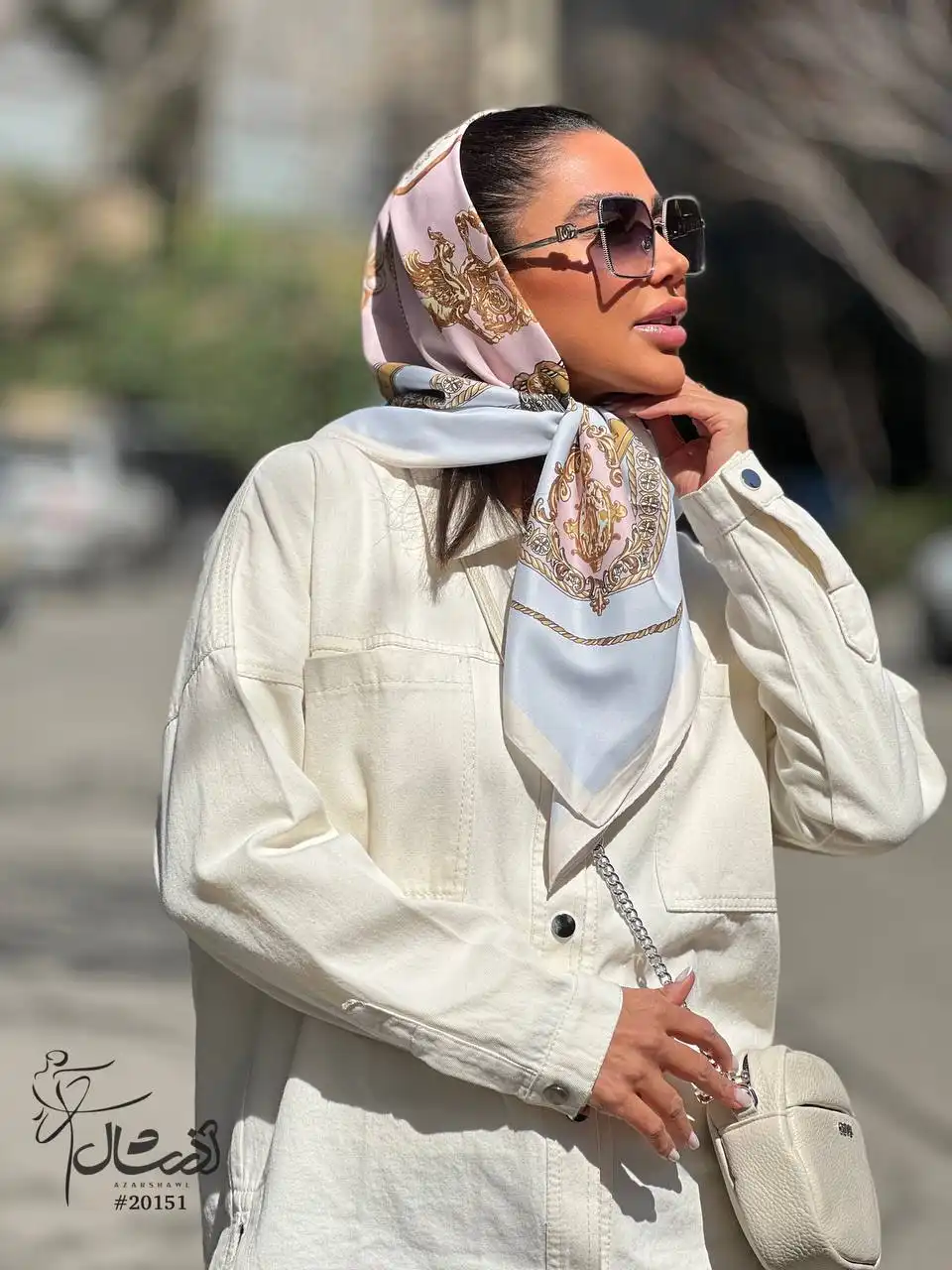 خرید روسری مدیوم ساتن تویل آبی صورتی - خرید و قیمت آذرشال azarshawl