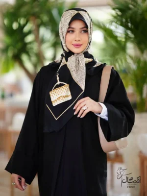 خرید اینترنتی روسری ابریشم ژاکارد مشکی کرم - خرید آذرشال azarshawl