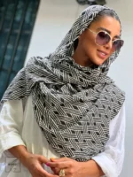 خریدشال نخی تابستانه پلیسه چاپی سفید مشکی - خرید و قیمت آذرشال azarshawl