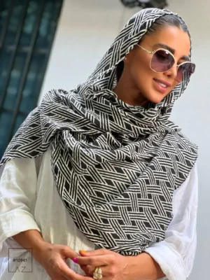 خریدشال نخی تابستانه پلیسه چاپی سفید مشکی - خرید و قیمت آذرشال azarshawl