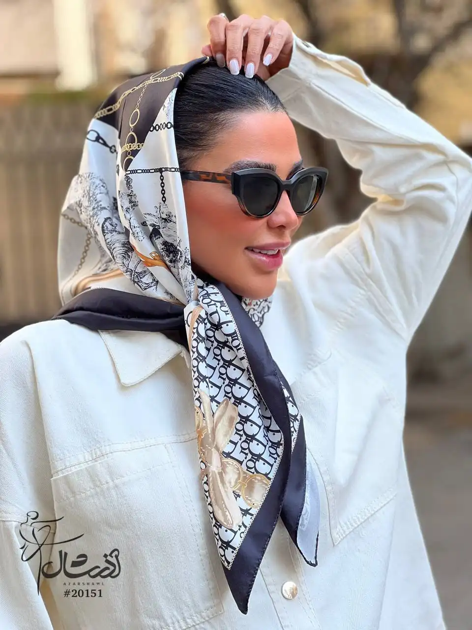 روسری قواره 100 ساتن تویل سفید مشکی دیور dior - خرید آذرشال azarshawl