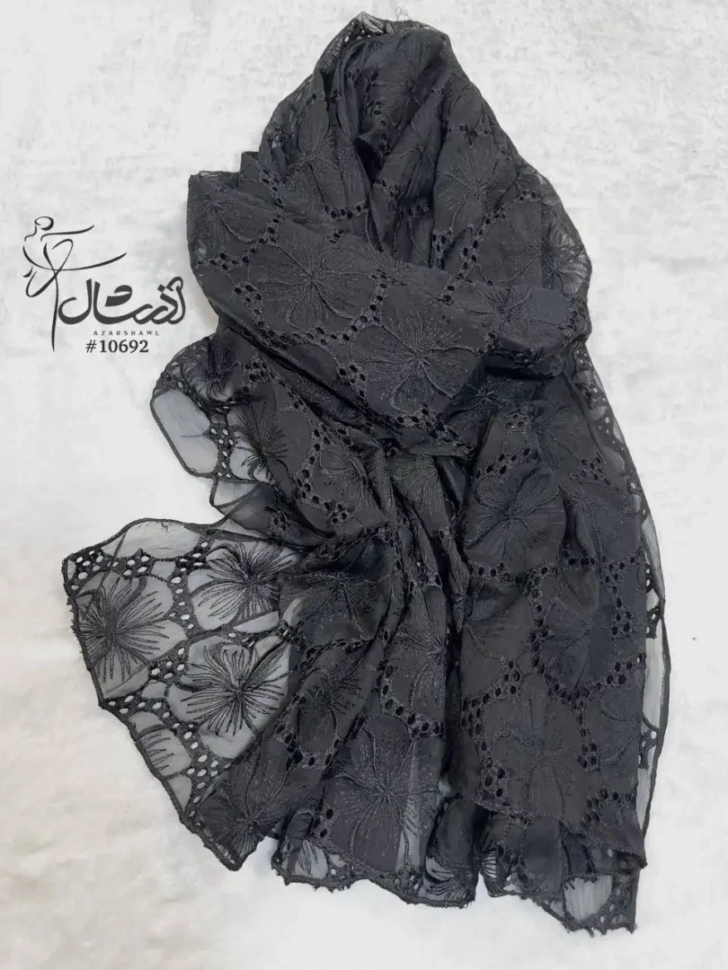 شال ابریشم مشکی مجلسی اورگانزا خامه دوزی طرح گل - خرید آذرشال azarshawl