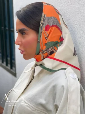 خرید روسری قواره کوچک تویل بهاره نارنجی سبز - خرید آذرشال azarshawl