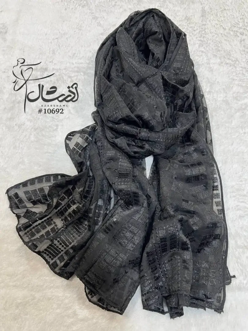 شال ابریشم مشکی مجلسی اورگانزا خامه دوزی طرح مینیمال - خرید آذرشال azarshawl