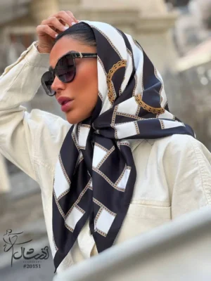خرید روسری قواره 100 ساتن تویل مشکی سفید راه راه - خرید آذرشال azarshawl