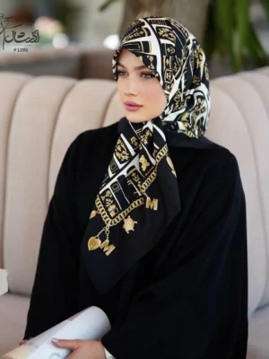 خرید اینترنتی روسری ابریشم ژاکارد مشکی کرم - خرید آذرشال azarshawl